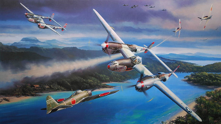 група тапети на летящи самолети, война, фигура, Lockheed P-38 Lightning, Океания, Никола Труджа, HD тапет