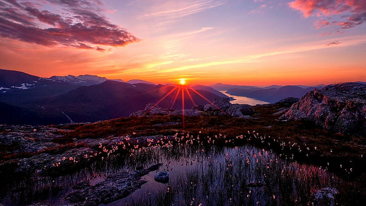 vue du lever du soleil fond d'écran HD, photo silhouette de la montagne pendant le coucher du soleil, nature, paysage, Fond d'écran HD