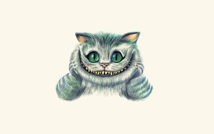 gray and green cat illustration, face, smile, figure, art, Alice in Wonderland, painting, light background, Cheshire Cat, Alice’s Adventures in Wonderland, HD wallpaper