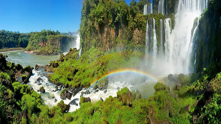 nature, landscape, waterfall, rainbows, HD wallpaper