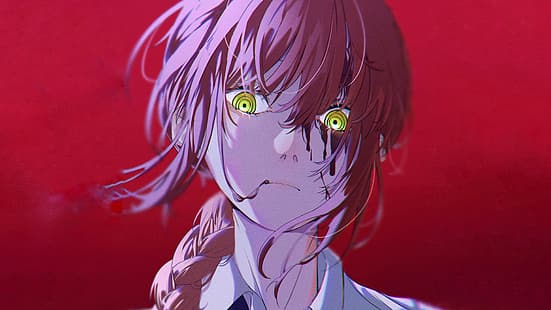 Homem-serra elétrica, Makima (Homem-serra elétrica), olhos amarelos, fundo vermelho, sangue, garotas de anime, HD papel de parede HD wallpaper