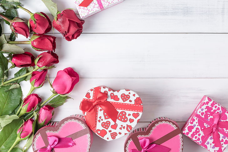 love, flowers, heart, roses, gifts, red, bow, box, wood, romantic, valentine's day, gift, HD wallpaper