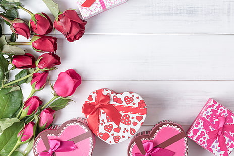 amor, flores, coração, rosas, presentes, vermelho, arco, caixa, madeira, romântico, dia dos namorados, presente, HD papel de parede HD wallpaper