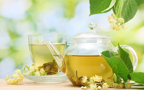 clear glass teapot, teapot, saucer, cup, mug, tea, drink, flowers, leaves, HD wallpaper HD wallpaper