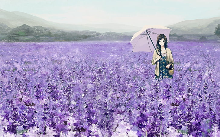 woman holding umbrella, girl, field, flowers, lavender, umbrella, basket, HD wallpaper