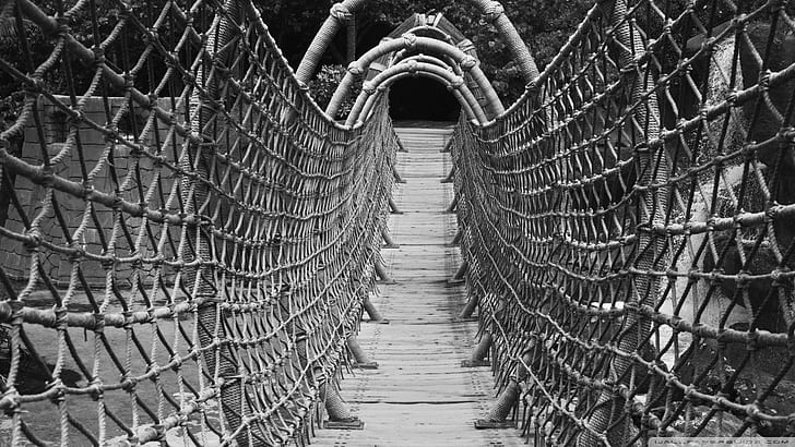 Meraviglioso ponte di corda di legno, pedonale, bianco e nero, ponte, corda, natura e paesaggi, Sfondo HD