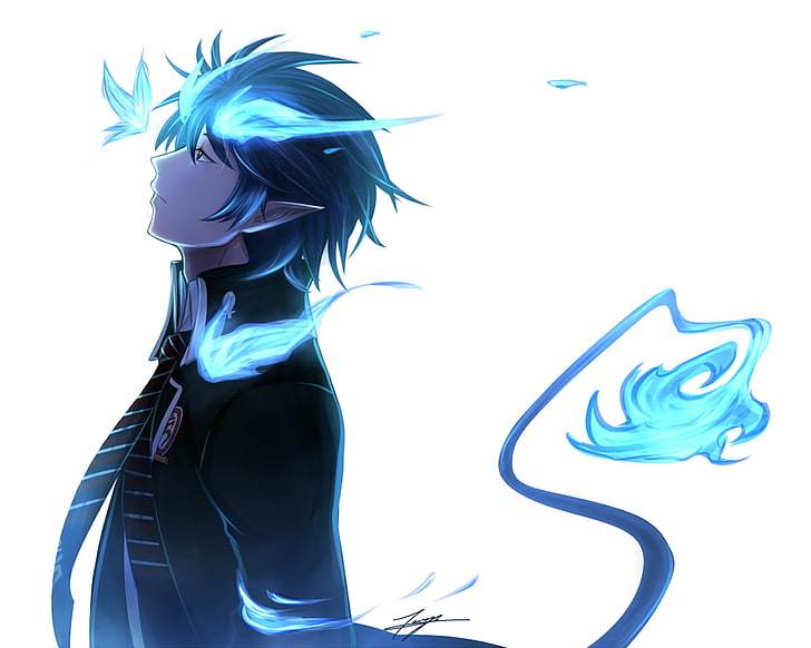 männliche Anime-Figur, weißer Hintergrund, Männer, Blue Exorcist, schwarzes Haar, Hörner, Okumura Rin, spitze Ohren, Schuluniform, kurzes Haar, Schwanz, Krawatte, HD-Hintergrundbild