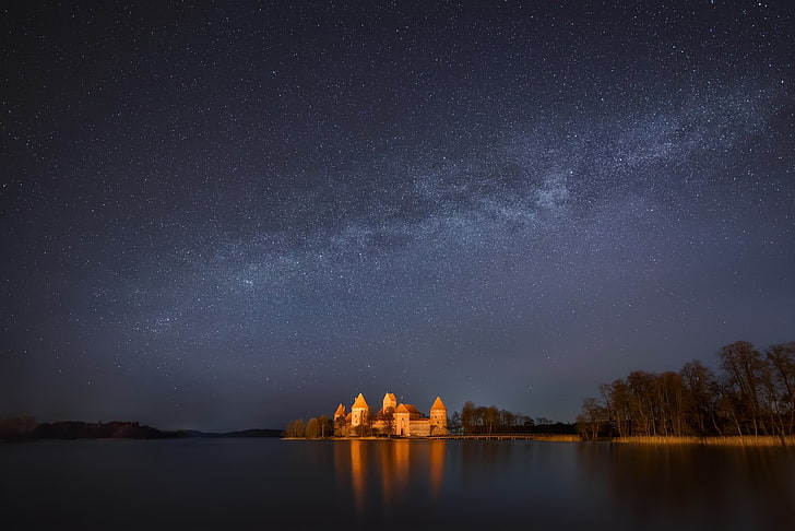 Lithuania, Trakai, Lake, Trees, Night, Sky, Stars, Milky way, HD wallpaper
