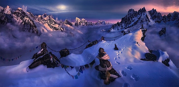 природа, пейзаж, планини, сняг, среща на върха, лунна светлина, небе, флаг, зима, студ, Непал, Хималаи, HD тапет
