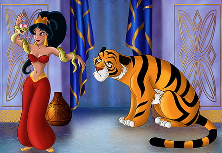 Walt Disney's Aladdin Princess Jasmine ilustracja, tygrys, rysunek, wąż, opowieść, wschód, piękno, balkon, księżniczka, Aladdin, film, Jasmine, fanart, Walt Disney, film animowany, bajka, Bagdad, Rajah, The new friend of Jasmine, Raja, Tapety HD HD wallpaper