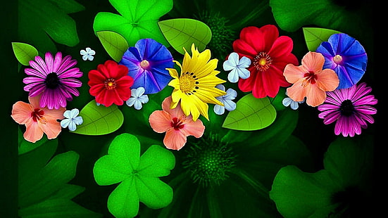 bunga, flora, tanaman, daun, daun bunga, bunga liar, warna-warni, warna, seni, desain, musim semi, Wallpaper HD HD wallpaper