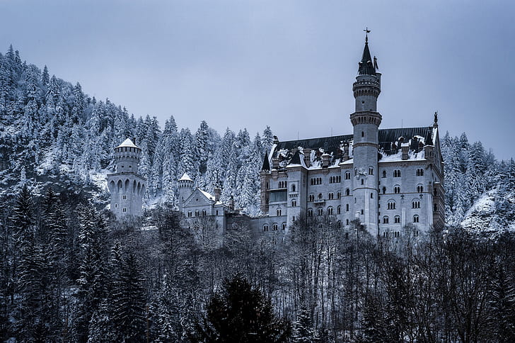 winter, forest, castle, Germany, Bayern, Bavaria, Neuschwanstein Castle, Schwangau, HD wallpaper