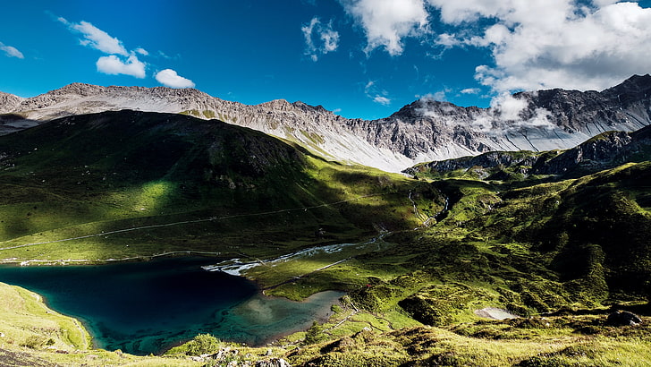 mountain digital wallpaper, water, mountains, landscape, green, clouds, HD wallpaper
