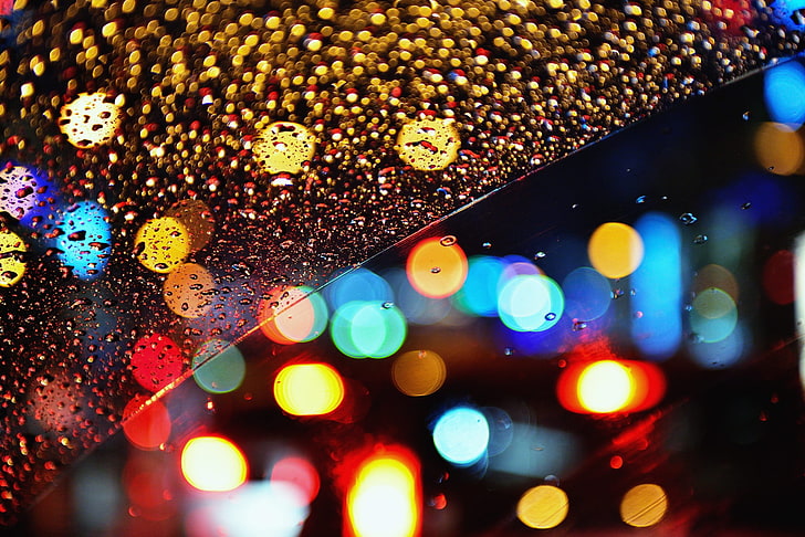 bokeh photography, glass, drops, night, lights, rain, bokeh, HD wallpaper