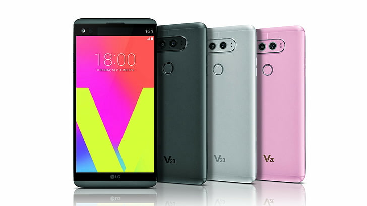 three black, silver, and pink LG V20 smartphones, LG V20, android, review, Hi-Tech News of 2016, LG, best smartphones, HD wallpaper