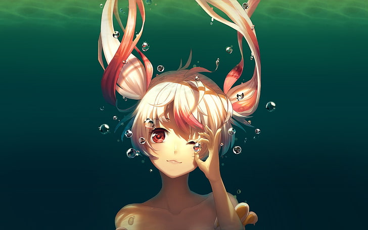pink haired girl anime character wallpaper, anime, red eyes, underwater, twintails, pink hair, original characters, HD wallpaper