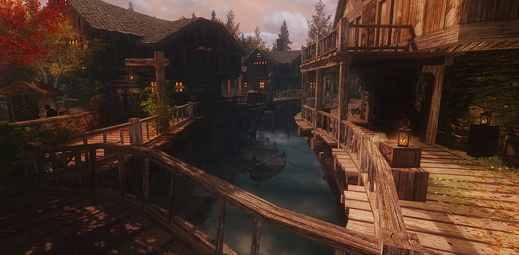 brązowy drewniany dok, The Elder Scrolls V: Skyrim, Riften, miasto fantasy, The Elder Scrolls, gry wideo, Tapety HD