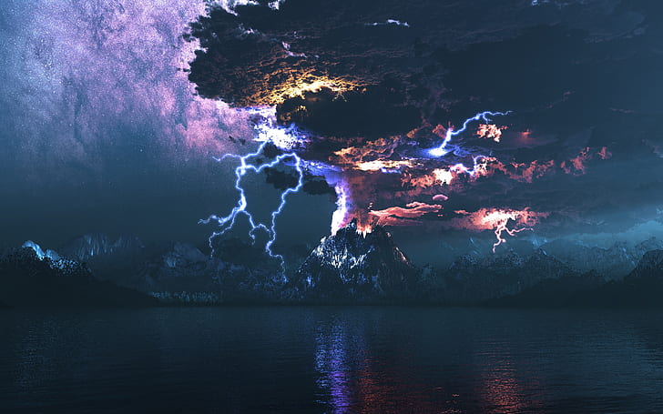 Erupcja wulkanu, noc, ciemność, krajobraz, Tapety HD