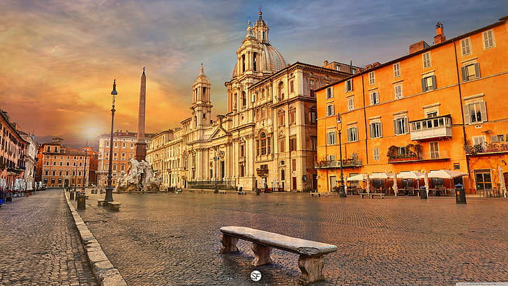 bangunan dicat coklat dan oranye, pemandangan kota, matahari terbenam, Roma, gereja, Obelisk, bangunan tua, Wallpaper HD