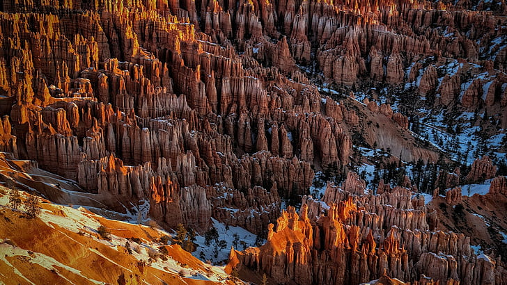 nature, landscape, mountains, Utah, USA, rock, rock formation, hills, snow, winter, sunlight, trees, forest, HD wallpaper