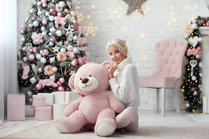 gadis, suasana hati, beruang, Tahun baru, pohon, sweter, boneka beruang, Dmitry Arhar, Katerina Shiryaeva, Wallpaper HD