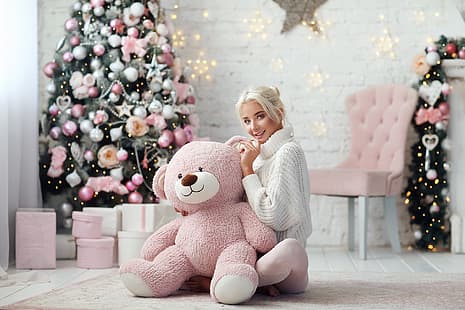 girl, mood, bear, New year, tree, sweater, Teddy bear, Dmitry Arhar, Katerina Shiryaeva, HD wallpaper HD wallpaper