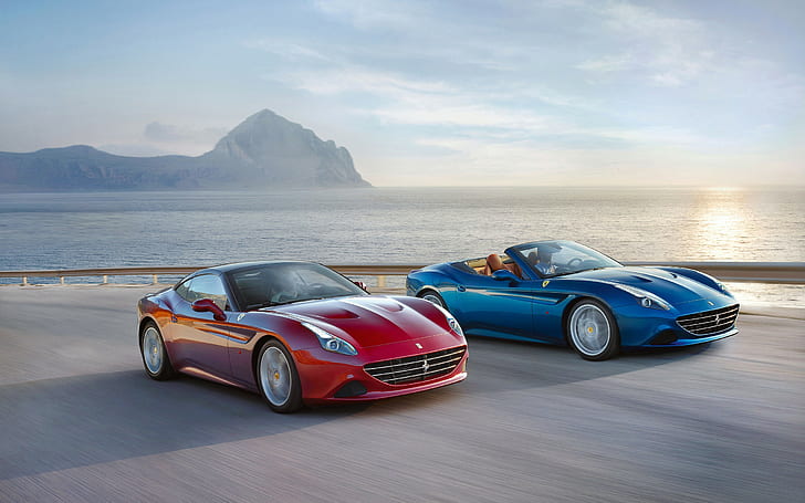 Ferrari California T, Convertible, road, sea, sunset, car, HD wallpaper