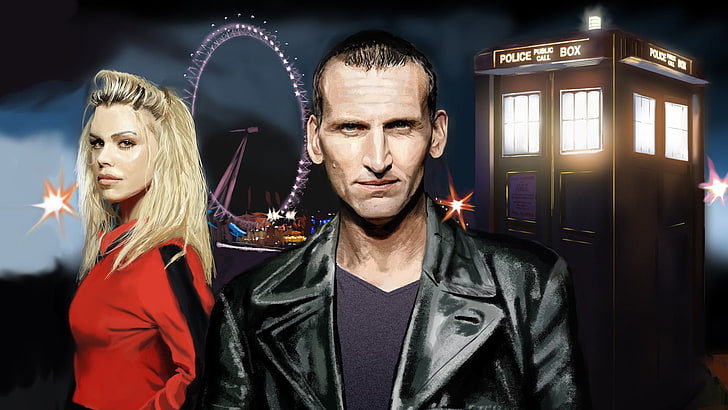 men's black notched-lapel tops and women's red tops, Doctor Who, The Doctor, TARDIS, Christopher Eccleston, Billie Piper, ferris wheel, Rose Tyler, HD wallpaper
