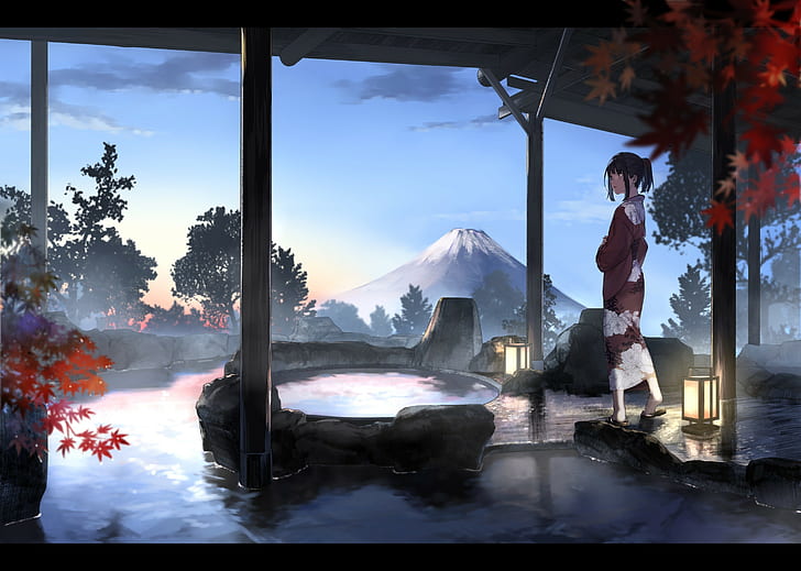 Anime, Anime Girls, Landschaft, Yukata, Kimono, japanische Kleidung, HD-Hintergrundbild