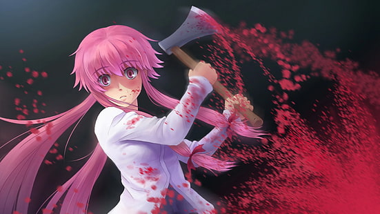 anime girl character holding pick axe, Anime, Mirai Nikki, Yuno Gasai, HD wallpaper HD wallpaper