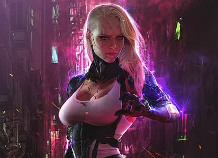 cyborg, cyberpunk, fiksi ilmiah, futuristik, wanita, pirang, mata ungu, seni fantasi, gadis fantasi, karya seni, seni digital, Wallpaper HD HD wallpaper