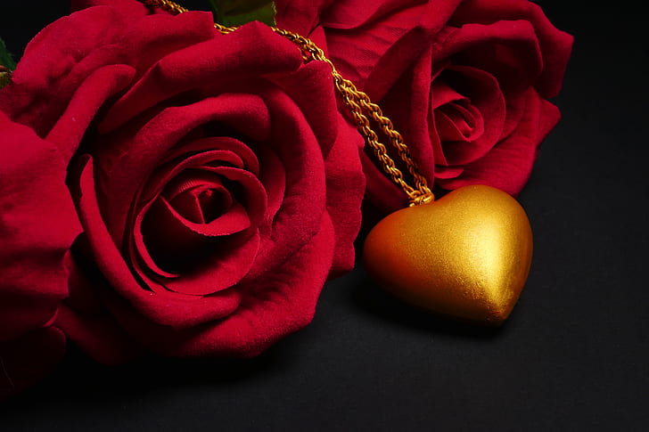 flowers, heart, rose, pendant, red, love, black background, romantic, roses, HD wallpaper