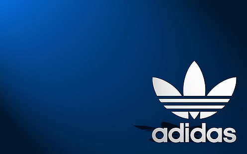 アディダスのロゴの青い背景、アディダスのロゴ、ブランド、靴、布、スポーツ用品、 HDデスクトップの壁紙 HD wallpaper