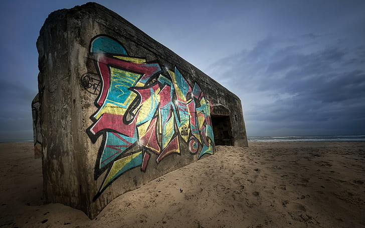 spiaggia, muraglia, graffiti, sabbia, orizzonte, mare, riva, nuvole, Sfondo HD
