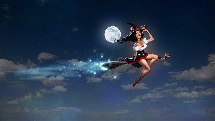 animated witch illustration, the sky, clouds, night, smile, hat, dress, witch, legs, broom, mouse, the full moon, bust, Sabbath, HD wallpaper