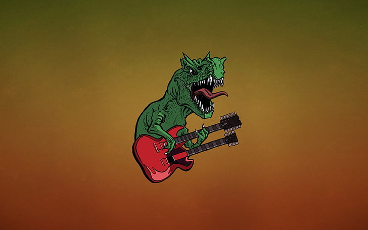 зеленый T-rex играет на электрогитаре, обои, динозавры, гитара, электрогитара, HD обои
