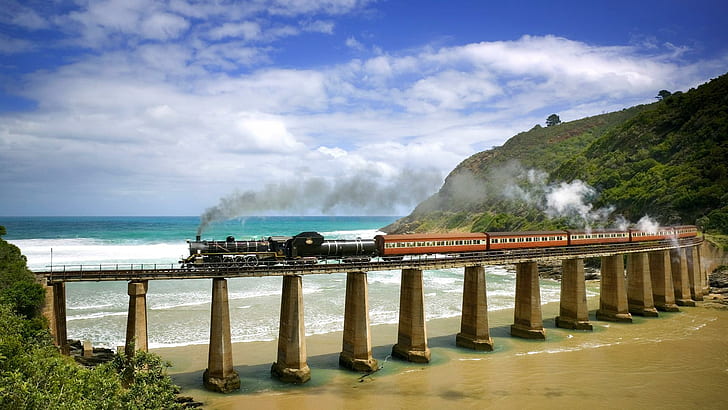Outeniqua Choo Tjoe Steam-train., red and black train, wave, beach, mountain, bridge, train, tree, 3d and abstract, HD wallpaper