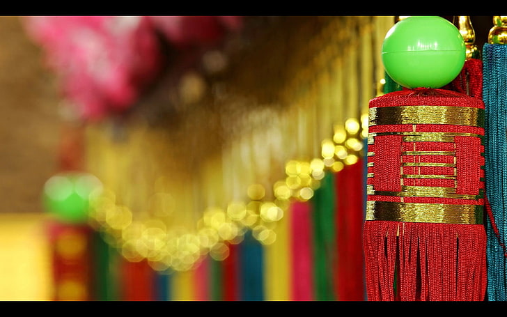 women's yellow and red dress, decorations, bokeh, depth of field, Chinese, culture, HD wallpaper