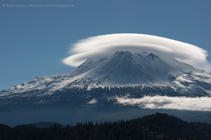 landscape, mountains, lenticular clouds, Mount Shasta, volcano, clouds, California, HD wallpaper
