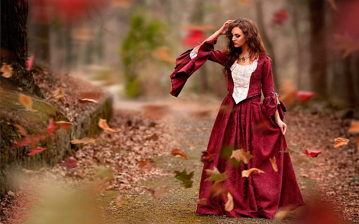 Musim gugur, daun, gadis berpakaian merah, angin, Musim Gugur, Daun, Merah, Gaun, Gadis, Angin, Wallpaper HD