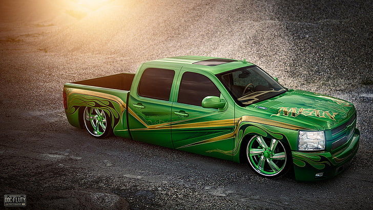 green Chevrolet Silverado crew cab truck, chevrolet, silverado, lowrider, pickup, green, HD wallpaper
