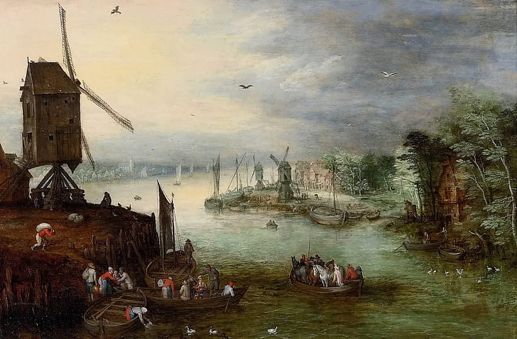 río, bote, fotografía, Jan Brueghel el más joven, Paisaje del río con un molino, Fondo de pantalla HD