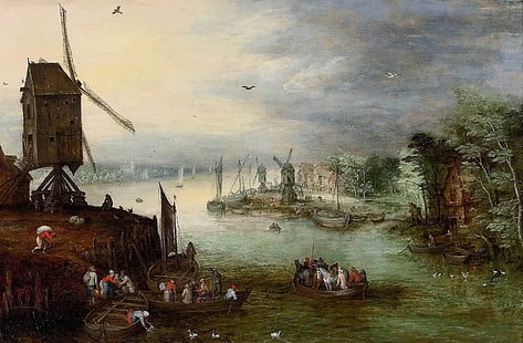 река, лодка, картина, Ян Брейгель младший, Речной пейзаж с мельницей, HD обои HD wallpaper
