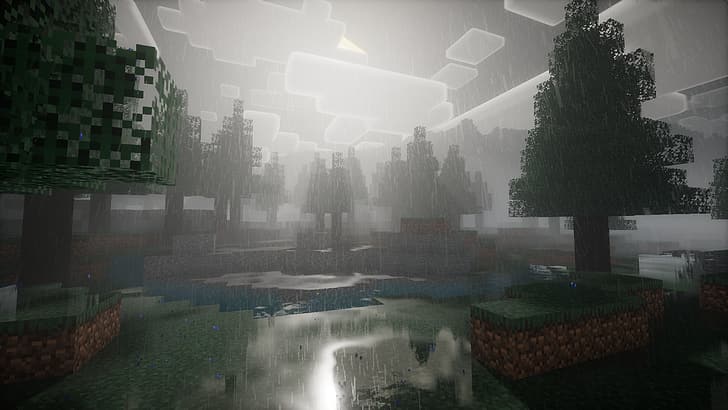 Minecraft, video games, Shader, shaders, rain, thunder storm, HD wallpaper