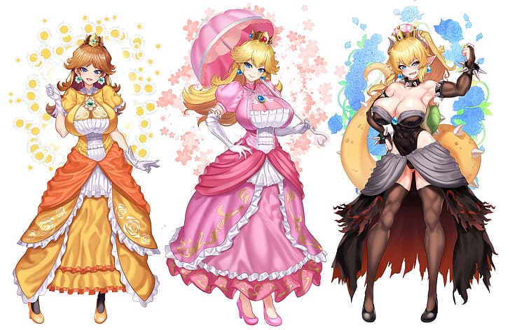 Nez-Box, Super Mario, момичета от видеоигри, Princess Peach, Bowsette, Princess Daisy, големи цици, HD тапет