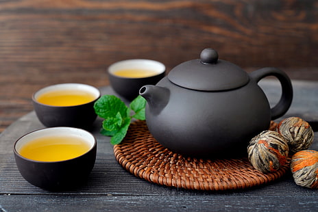 إبريق شاي أسود من السيراميك والشاي، خلفية HD HD wallpaper