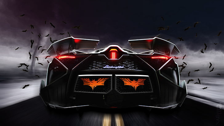black batmobile wallpaper, Concept, Lamborghini, Car, Storm, Road, Bats, Rear, Egoista, HD wallpaper