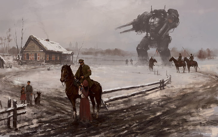 робот и люди цифровые обои, мех, научная фантастика, конь, робот, снег, Польша, HD обои