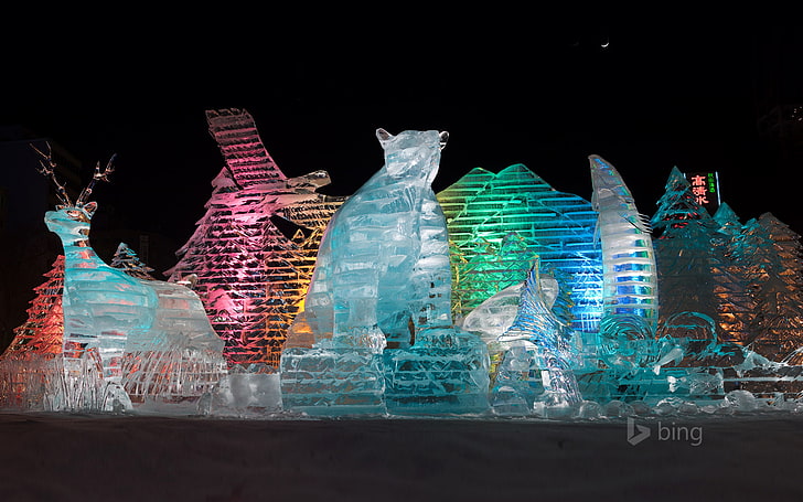 luce, notte, colore, Giappone, Sapporo, sculture di ghiaccio, Festival invernale, Sfondo HD
