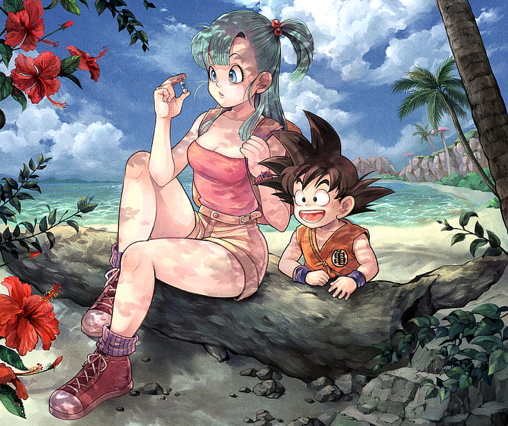 Dragon Ball, Bulma, Son Goku, Young Goku, Young Bulma, flowers, beach, Capsule, anime, HD wallpaper
